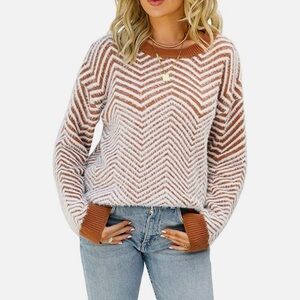 Boutique Brown and White Chevron Fuzzy Soft Sweater Sz S